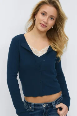 Hot Gina Tricot 14+ 2 in 1 lace rib cardigan Blauw