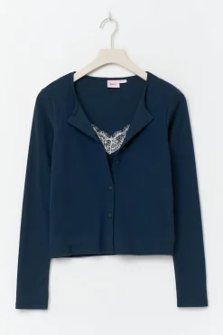Hot Gina Tricot 14+ 2 in 1 lace rib cardigan Blauw