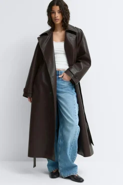 Clearance Gina Tricot Belted pu trench coat Bruin