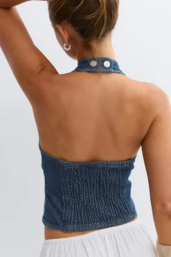 New Gina Tricot Denim halterneck top Blauw