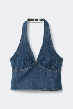 New Gina Tricot Denim halterneck top Blauw