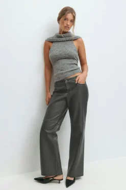 Gina Tricot Distressed pu trousers Zwart