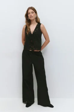 Sale Gina Tricot Embroidery poplin trousers Zwart