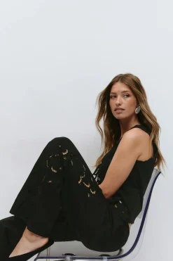 Sale Gina Tricot Embroidery poplin trousers Zwart