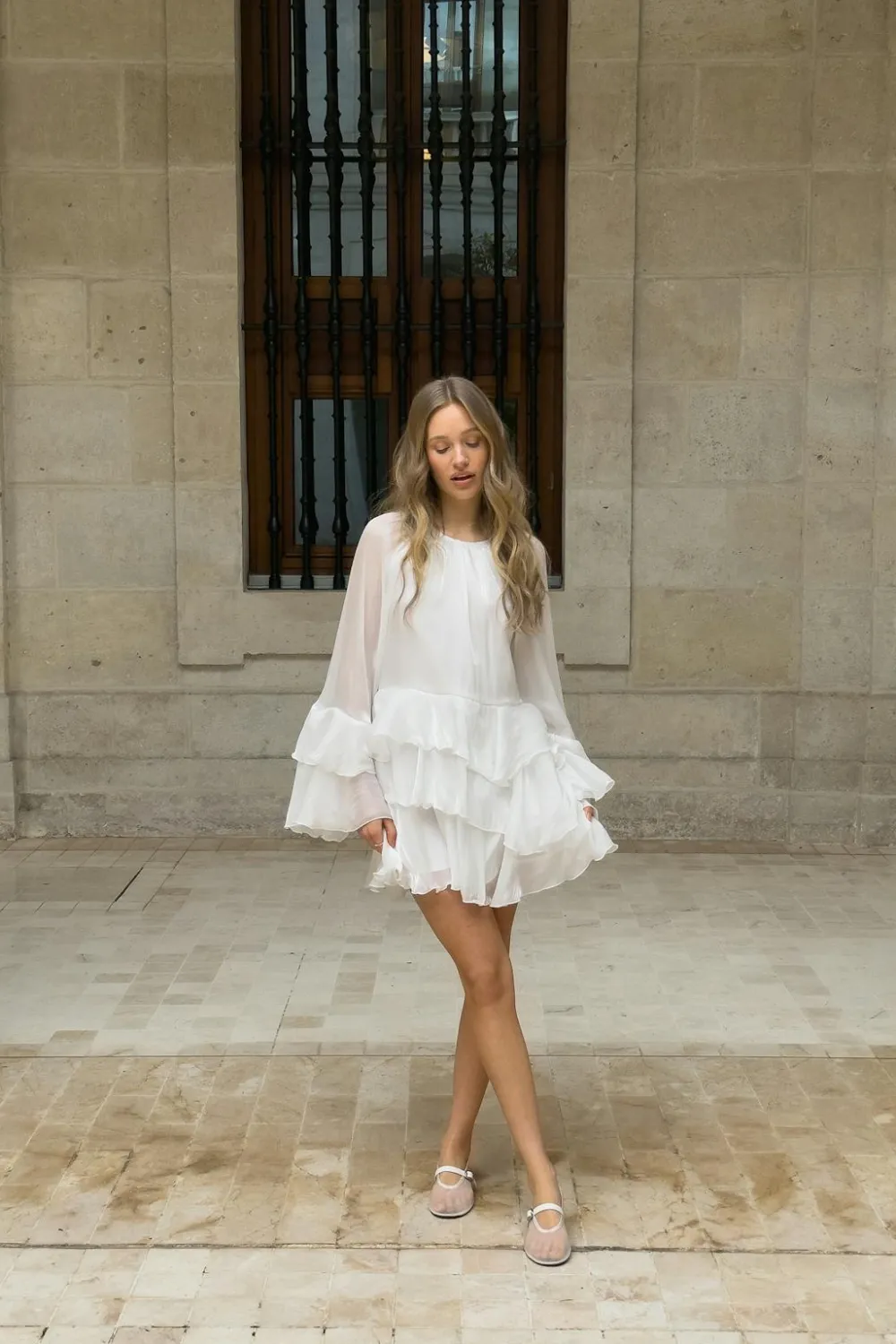 Clearance Gina Tricot Flowy frill mini dress Wit