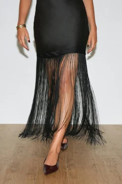 Gina Tricot Fringe satin maxi dress Zwart