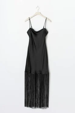 Gina Tricot Fringe satin maxi dress Zwart