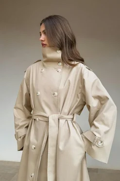 Gina Tricot High neck cotton trench coat Beige