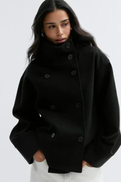 New Gina Tricot High neck short felt jacket Zwart