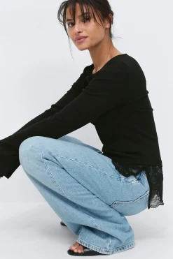 Hot Gina Tricot Lace detail boatneck top Zwart