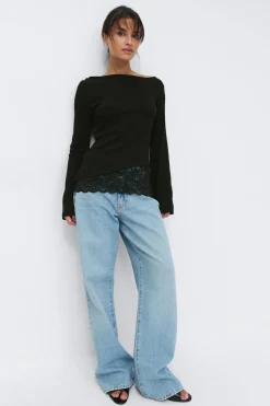 Hot Gina Tricot Lace detail boatneck top Zwart