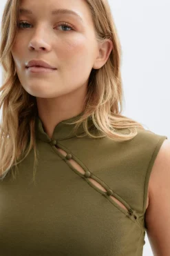 Clearance Gina Tricot Mandarin collar button top Groen