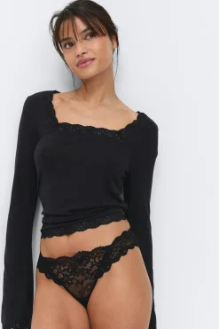 Discount Gina Tricot 3-pack scallop lace thong Zwart