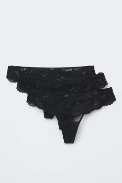 Discount Gina Tricot 3-pack scallop lace thong Zwart