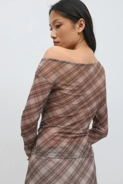 Outlet Gina Tricot Ruched mesh top Bruin