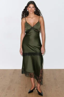 Discount Gina Tricot Satin lace midi dress Groen