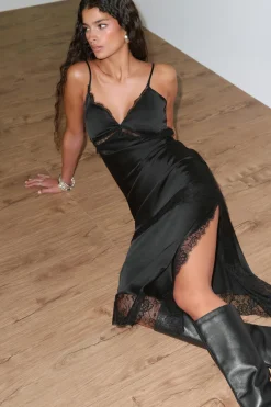Best Gina Tricot Satin lace midi dress Zwart