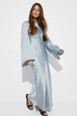 Clearance Gina Tricot Satin wide sleeve maxi dress Blauw
