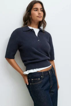 New Gina Tricot Short sleeve knit collar top Blauw