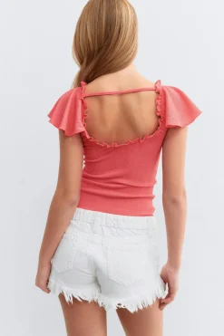 Clearance Gina Tricot Y open back frill top Roze