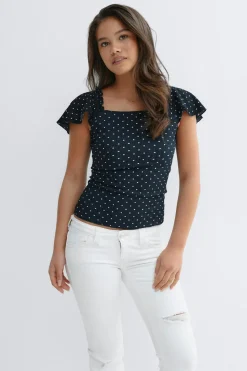 New Gina Tricot Y open back frill top Blauw